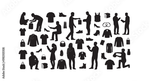 Collection of people silhouettes shopping bags clothes shoes accessories rings and books diverse figures engaging in retail and leisure activities.