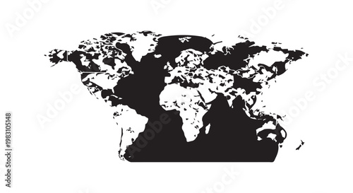 World map illustration silhouette black and white continents abstract shapes fragmented global geography international travel illustration.