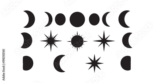 Celestial bodies moon phases sun stars and crescent shapes in cosmic array astronomical symbols representing light cycles and space illustration.