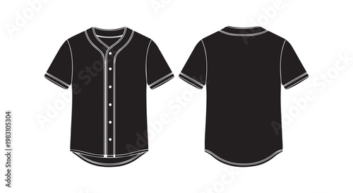 Baseball jersey shirt front and back view black short sleeve sportswear casual wear athletic apparel design template illustration.
