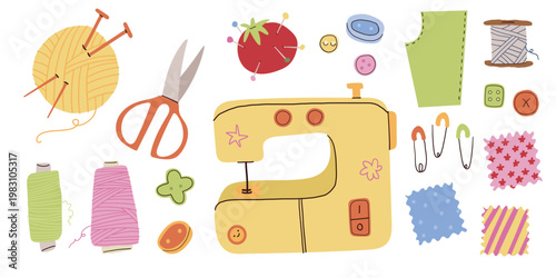 Cute hand drawn sewing machine, knitting yarn, and needlework tools. Vector illustration of tailor equipment and craft supplies.