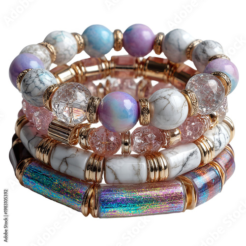 Stacked bracelets showcase colorful beads and metallic accents on black backdrop