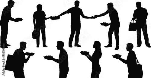 Silhouette illustration of people giving, receiving, and sharing items, representing humanitarian aid, teamwork, community support, and social interaction concepts