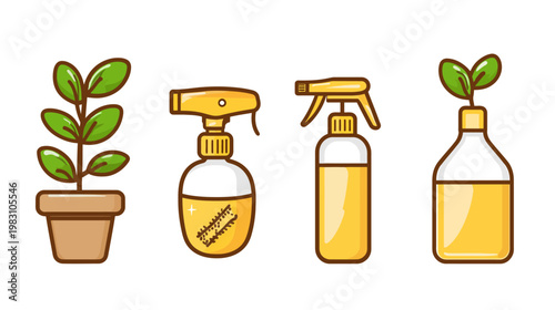 Cartoon illustration featuring potted plant and spray bottles, highlighting gardening and plant care