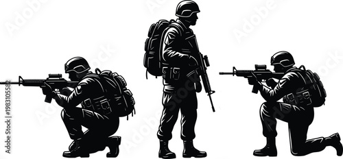 Silhouette soldiers in tactical combat positions with rifles helmets backpacks, military discipline training illustration for war vector stock content