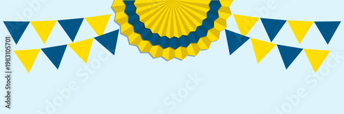 Wavy ukrainian banner with layered rosette circles and ribbon curls in blue and yellow colors. A festive patriotic border for posters cards and national celebration design