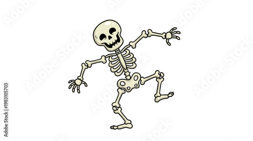 Cartoon skeleton dancing happily on white background.