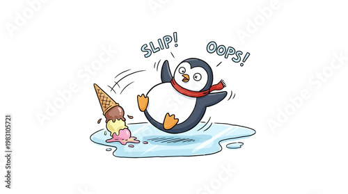 Cute cartoon penguin slipping on ice with dropped ice cream cone.