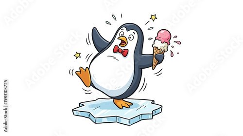 Cute cartoon penguin holding an ice cream cone on an ice floe.