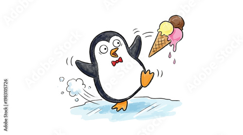 Cartoon penguin character dropping a colorful ice cream cone.