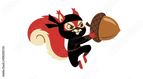 Cartoon Ninja Squirrel Character Holding an Acorn.