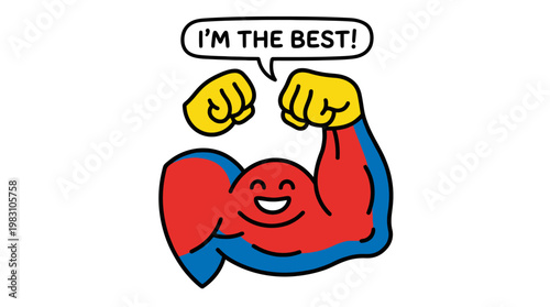 Cartoon arm flexing biceps with a speech bubble saying I am the best.