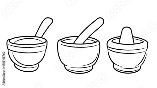 Three line art illustrations of a mortar and pestle from different angles