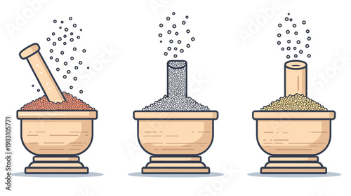 Stylized illustrations of three mortars and pestles with different granular contents and particles