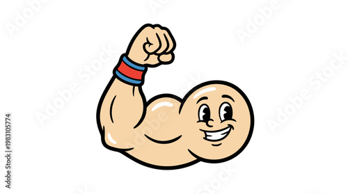 Cartoon mascot character with a large muscular arm flexing and smiling.