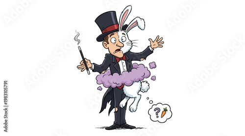 Cartoon magician turning into a white rabbit in a magic trick.