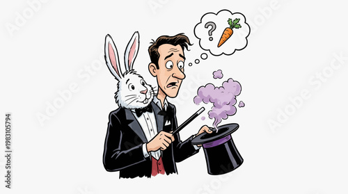 Confused magician and rabbit character illustration.