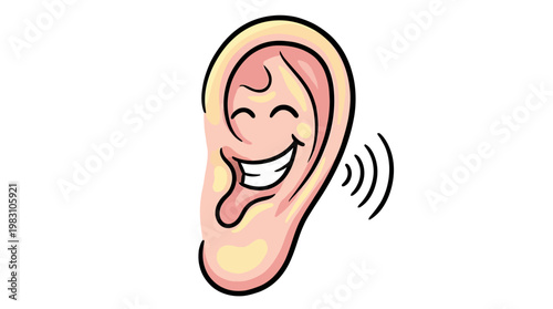 Cartoon illustration of a human ear with a smiling face expression.