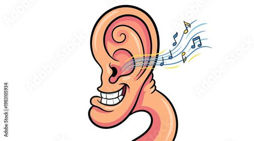 Cartoon Illustration of a Smiling Human Ear Listening to Music Notes.