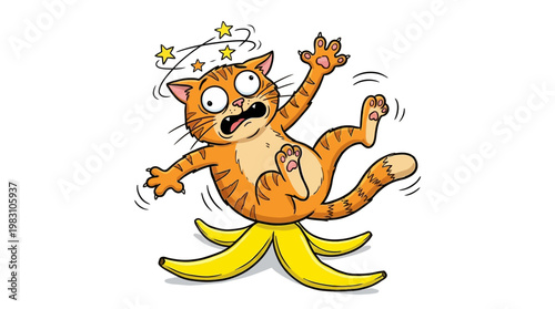 Funny cartoon illustration of a ginger tabby cat slipping on a banana peel.