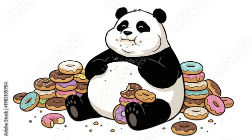 A cute cartoon panda sitting surrounded by a large pile of colorful donuts.