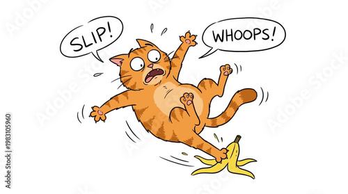 Funny cartoon illustration of an orange tabby cat slipping on a banana peel.