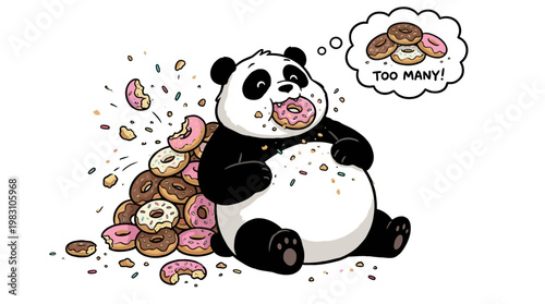 A cute fat panda eating too many donuts.