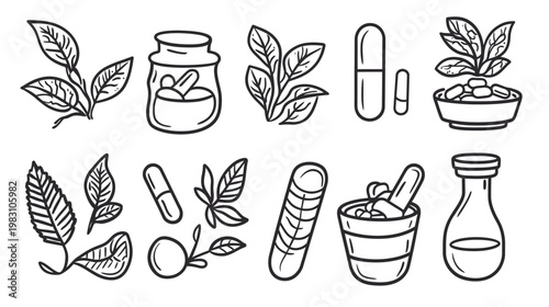 Hand-drawn line art of various herbal medicine elements. Capsules, leaves, vials, mortar