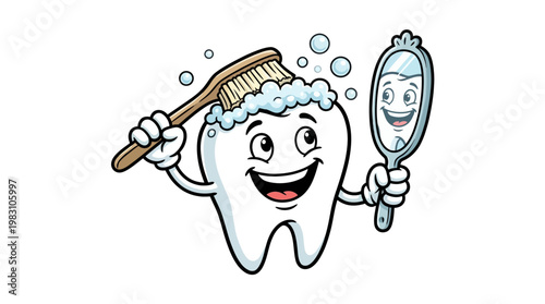 Cartoon tooth character brushing itself with a mirror.