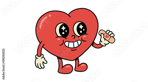 Retro cartoon heart character holding a bandage for healing.