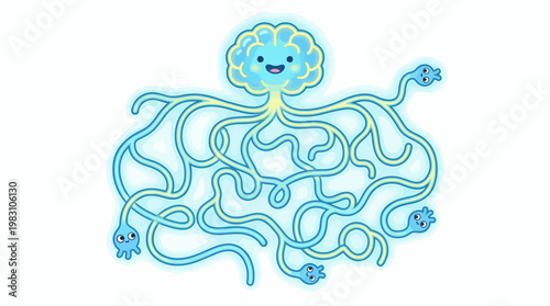 Cute cartoon brain character with connected nerve endings and branching neural pathways.