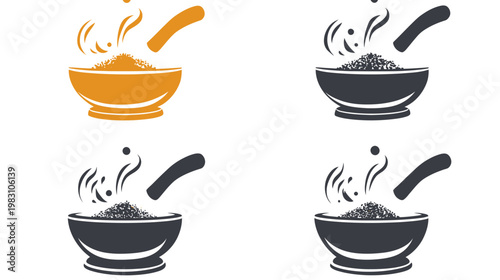 Four stylized illustrations depicting a bowl with grains being ground using a pestle