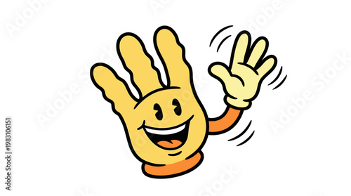 Cartoon hand character with a friendly face waving hello.