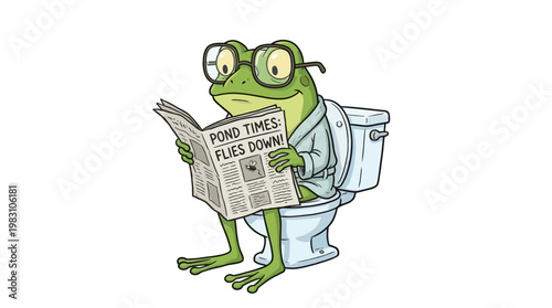 Cartoon illustration of a green frog wearing glasses and a bathrobe reading a newspaper while sitting on a toilet.