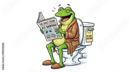 Cartoon illustration of a funny frog reading a newspaper while sitting on a toilet.