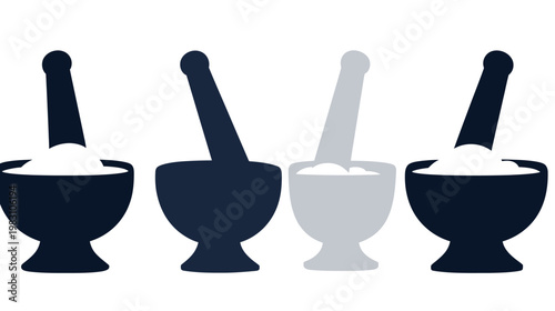 Four stylized mortar and pestle icons in dark blue and grey, on a white background