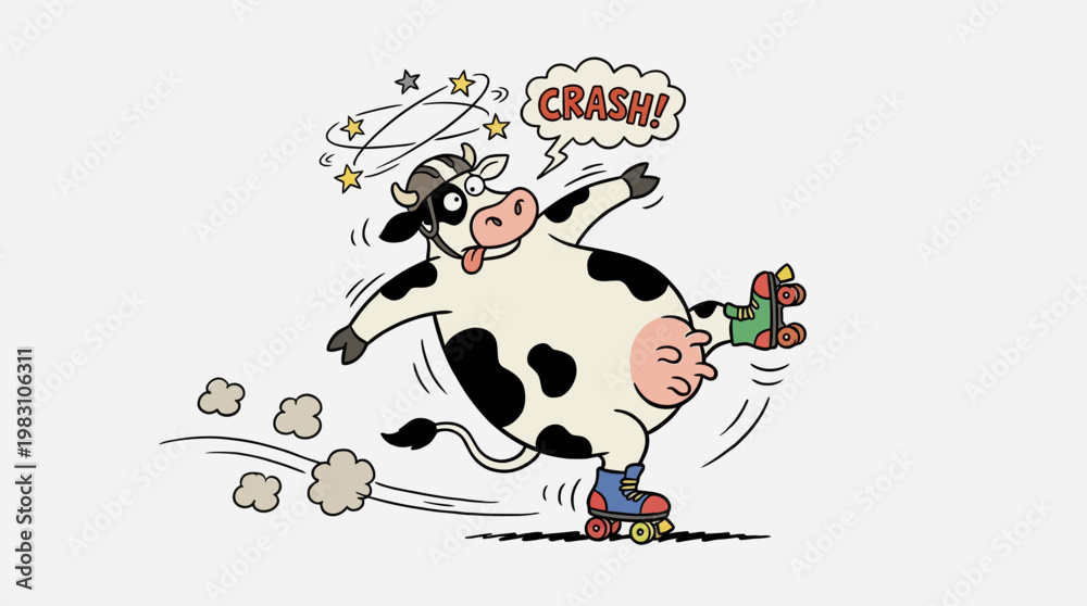 Fototapeta premium Funny cartoon cow losing balance while roller skating.