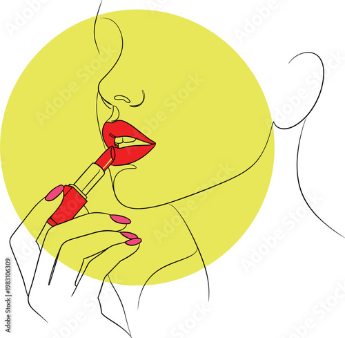 Continuous line art illustration of a woman applying lipstick with bold color accents. This modern minimal one line drawing represents beauty, cosmetics, makeup routine, and fashion lifestyle. Ideal f