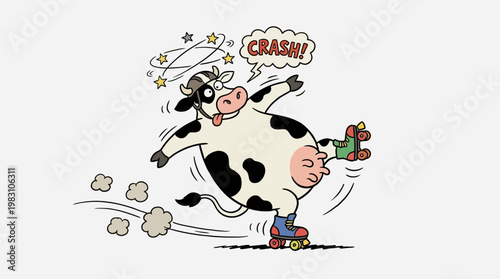 Funny cartoon cow losing balance while roller skating.