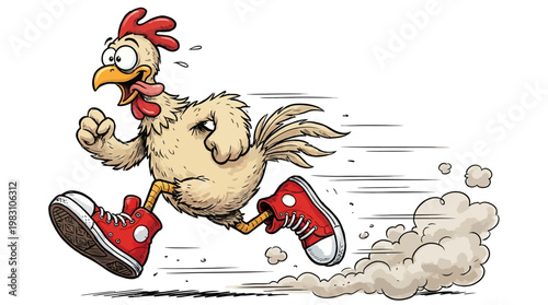 Funny cartoon chicken running fast wearing red sneakers.
