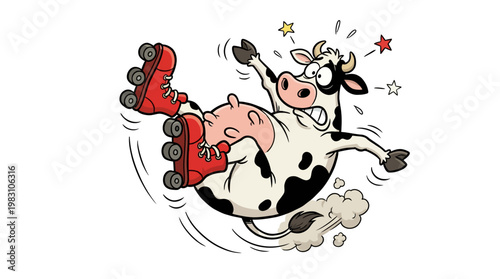 Funny cartoon cow falling while roller skating.