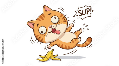 Funny cartoon orange tabby cat slipping on a banana peel.
