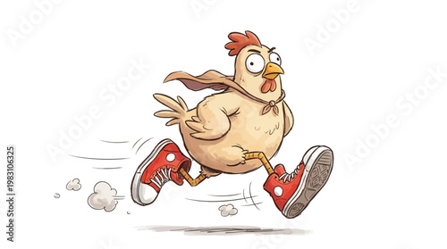 Funny Cartoon Chicken Wearing Red Sneakers and a Cape Running Fast.