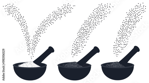 A set of three images featuring a mortar and pestle preparing ingredients, and sprinkling above
