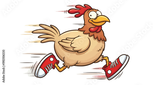 Cartoon funny chicken running fast in red sneakers.