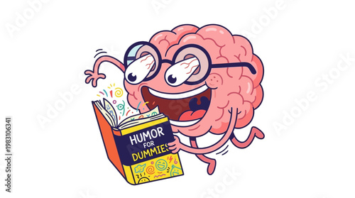 Cartoon brain character wearing glasses reading a humor book.