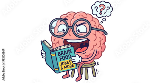 Cartoon brain character reading a book with glasses.