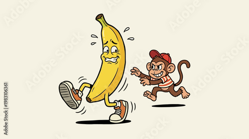Cartoon banana running away from a chasing monkey.