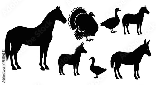Farm Animals Silhouettes Collection: Horse, Turkey, Geese, and Donkeys