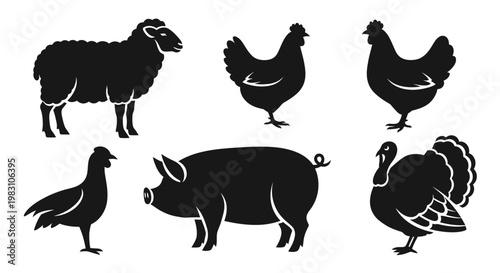 Farm Animals Silhouettes Collection: Sheep, Pig, Chicken, and Turkey Livestock Icons Set